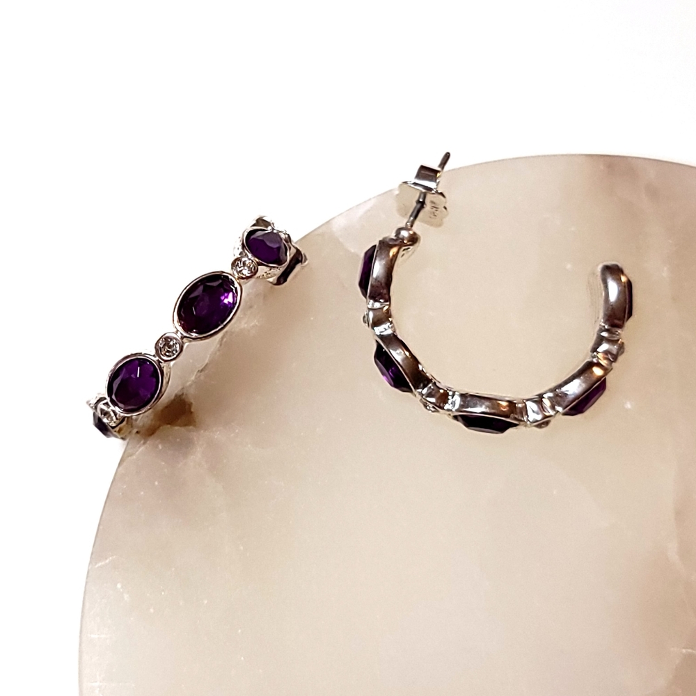 Avon Birthstone-Color Hoop Earrings February Amethyst Silver Tone Rhinestone - Picture 14 of 16